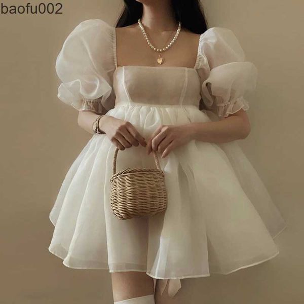 Повседневные платья высококачественные женщины элегантные белые платья принцессы квадратные шейные рукав платье Организации Летнее праздничное мини -вечеринка короткая Вестидо W0315