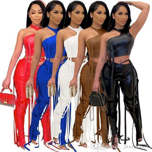 Sexy Zweiteilige Hosen Sets Für Frauen Sommer PU Leder Halter Aushöhlen Crop Tops Weste Und Bandage Hosen Anzug nachtclub