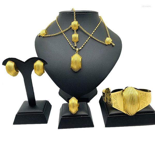 Halskette Ohrringe Set Dubai Schmuck Gold Farbe Äthiopische Braut Hochzeit Stirnstücke Afrika Eritrea Habesha Geschenk Haare für Frauen