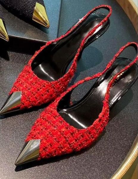 Yaz opyum kadın sandaletler elbise ayakkabıları marka yüksek topuklu pompalar slingback vesper arka boucle tüvit siyah beyaz kırmızı sivri ayak parmağı 35-42 Hızlı gemi