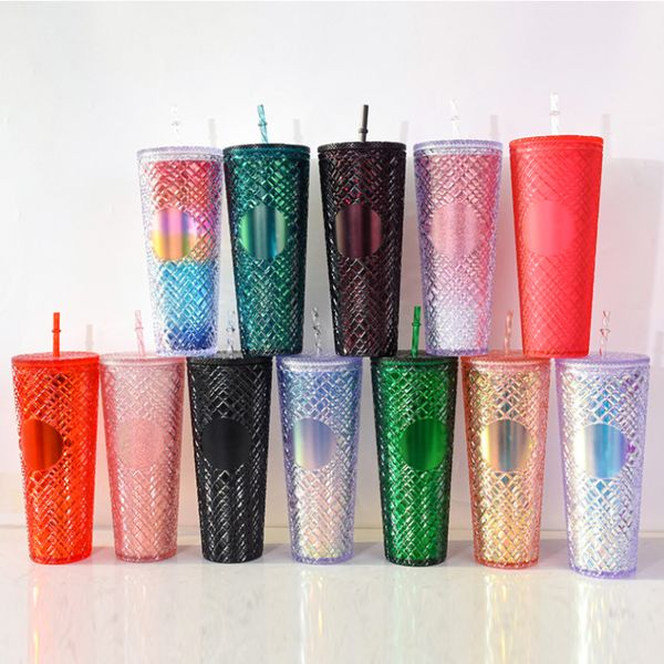 Bling Bling Pırıltılı 710ml 24oz Kupalar Çift Duvar Mücevherli Tudvamlı Elmas Tumbler Soğuk Kahve Plastik Bardakları Pipet Yok Logo