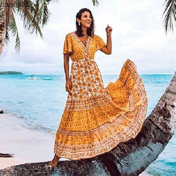 Abiti casual TEELYNN Abito BOHO 2019 rayon stampa floreale gialla Abiti v-ncek abbigliamento da spiaggia abito estivo Gypsy abiti lunghi da donna maxi abiti W0315