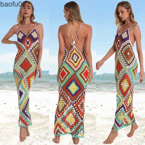 Lässige Kleider, handgefertigt, gehäkelt, Strand, Hochzeit, langes Kleid, Quadrate, sexy Bikini, Bademode, Vertuschung, W0315