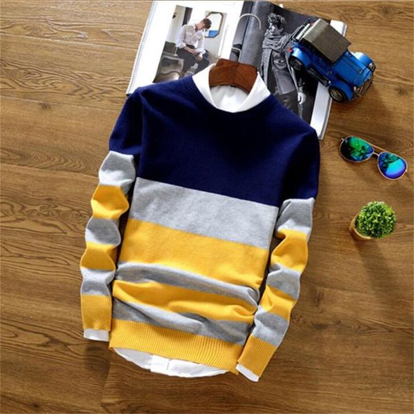 Мужские жилеты осени мода повседневная вязаная крючковая полосатый цветной блок тонкий трикотажный пулопер -свитер мужской