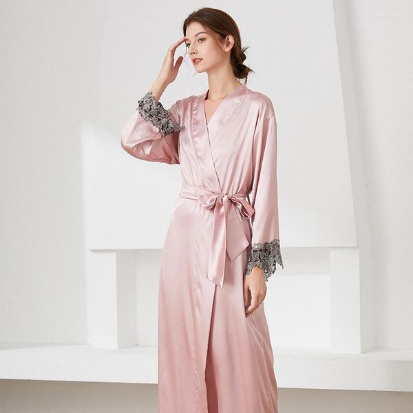 Roupa de sono feminina longa camisola rosa vestes de cetim de inverno manto de banho feminino Bathrobe Bride Silk Big Lingerie Sexy com renda