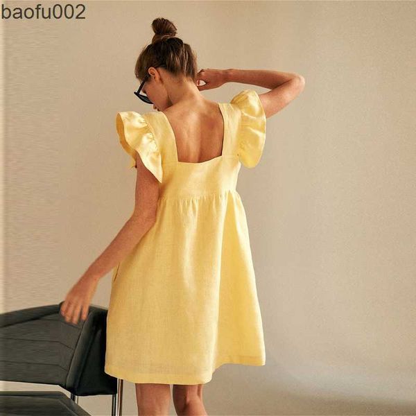 Vestidos casuais Muiches Casual Square Collar Butterfly Mini Doces Doces Woman Women sem costas Cantura linho solto vestido sólido 2021 verão w0315