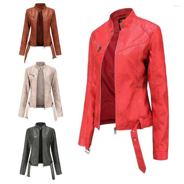 Giacca in pelle da donna corta in PU di grandi dimensioni Slim da donna primavera cappotto colletto alla coreana cintura sottile ragazza moda elegante panno rosso marrone