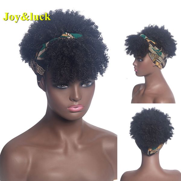 Sentetik peruklar kafa bandı peruk kısa afro kinky kıvırcık saç siyah kadınlar için kabarık bukleler band orcan türban wrap 230314