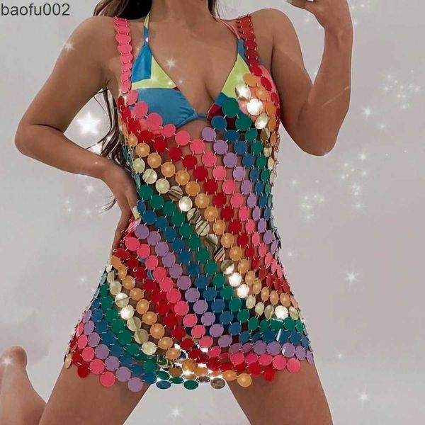 Lässige Kleider farbenfrohe Regenbogen sexy Sommer Beach Bikini Kleid Frauen runde Pailletten Gurt Bra Brust Hals Körperkette Körper Schmuck W0315