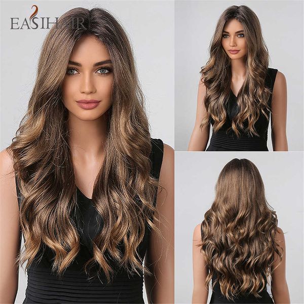 Synthetische Perücken Easihair lange gewellte synthetische Lace-Front-Perücken Ombré-braune Frontal-Naturhaar-Perücke für Frauen Cosplay High Density 230227