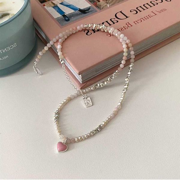 Chokers Minar Korea Silber Farbe Acryl Perlen Perle Strang Choker Halsketten für Frauen Rosa Farbe Emaille Liebe Herz Anhänger Halskette Y2303