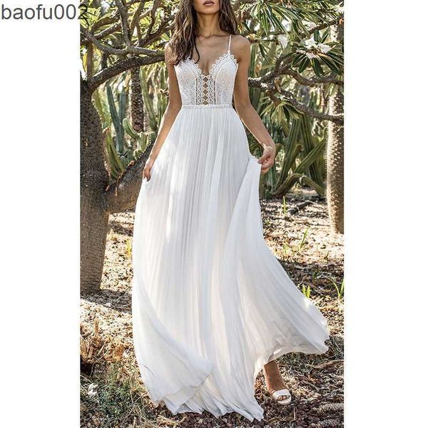 Lässige Kleider ordifien 2022 Sommer Boho Frauen weiße Spitze Maxi Kleid Chiffon bodenlange sexy rückenfreie Langtunika -Strandkleid W0315