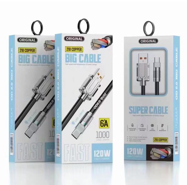 Cable de carga súper rápido de 120 W Aleación de zinc y metal Silicona líquida Micro USB Tipo C Cargador Cable USB de datos con caja de venta al por menor