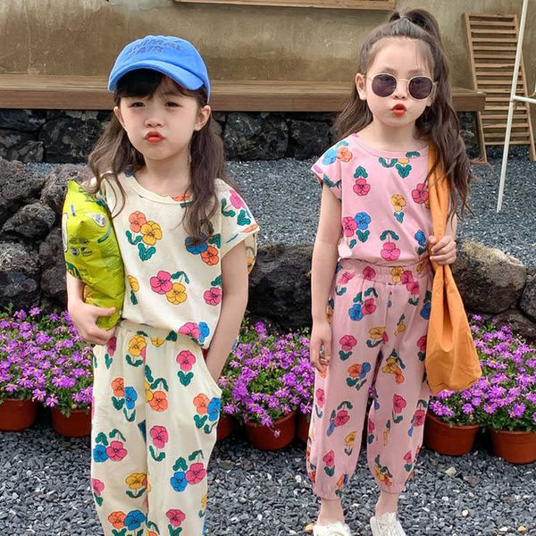 Roupas conjuntos de roupas para meninas conjuntos de roupas de verão Irmã coreana irmã Vestcapris PCSSET Sports Sports FOR CRIANÇAS TRILHOS CASUAL