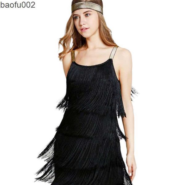 Abiti casual Donna Solido senza maniche Abito da sera da sera Summer Beach Nappa Vestiti Flapper Strap Abito corto O-Collo Abiti con frange a taglio basso W0315