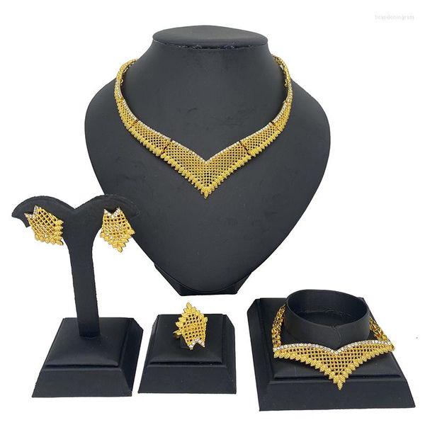Collana Orecchini Set Gioielli color oro Graziose donne Bracciale da sposa Anello Dubai Ladies Jewellery Party