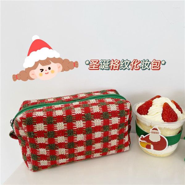 Grade retro de Natal coreana portátil de grande capacidade Bolsa de cosméticos armazenamento adorável lavagem kawaii casacos de lápis