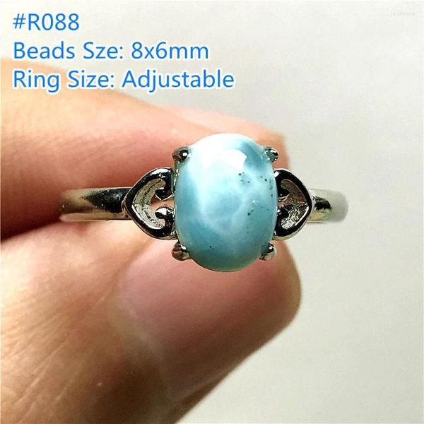 Toca de cluster jóias de anel de larimar azuis naturais para mulher Lady Man Silver 8x6mm miçangas Dominica Padrão de água Tamanho ajustável de pedra