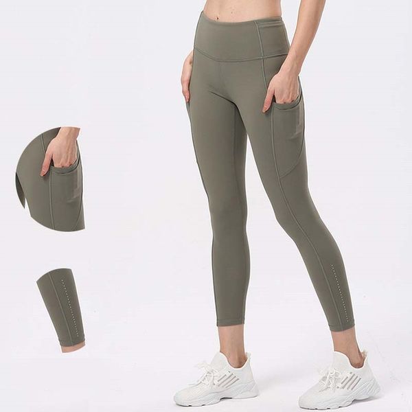 LL Yoga-Leggings mit Taschen, schnelle und kostenlose Caprihose mit hoher Taille, nahtlos ausgerichtete Laufhose mit Wellenpunkt