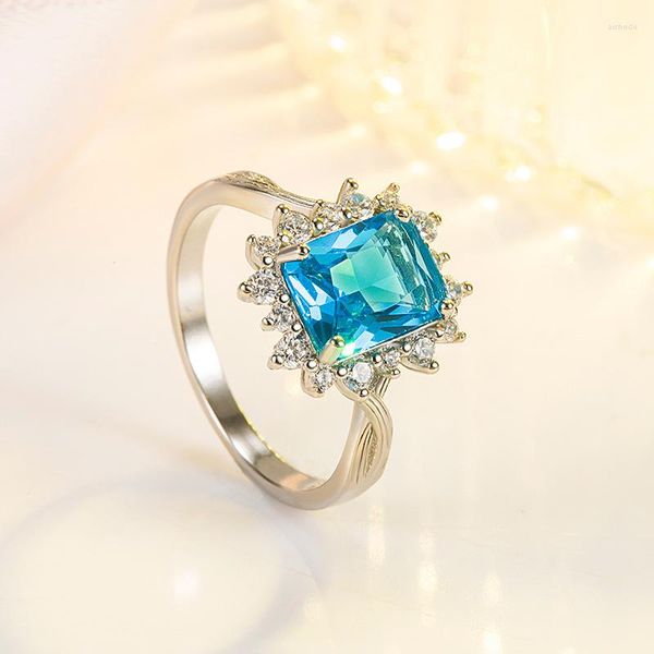 Hochzeit Ringe Luxus Weibliche Kristall Quadrat Ring Klassische Silber Farbe Engagement Dainty Blau Weiß Zirkon Stein Für Frauen