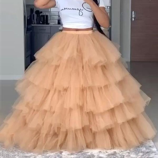 Gonne Tulle extra gonfio per le donne Champagne Lunghezza del pavimento A strati Maglia lussureggiante Gonna lunga da ballo Per abiti da sera per feste Gonne Saia su misura