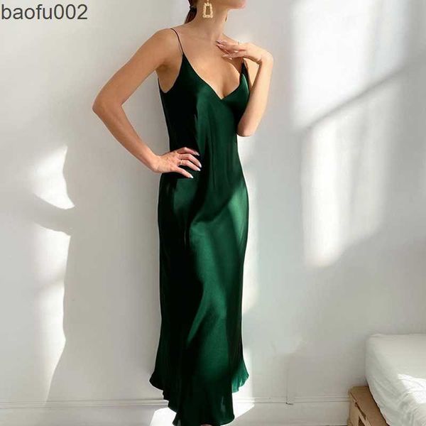 Sıradan Elbiseler Salonu olmayan 2023 Yaz Kadın Saten Kayma Elbise Spagetti Kayışı Vintage Yeşil Siyah Siyah Seksi Uzun Parti Elbise W0315