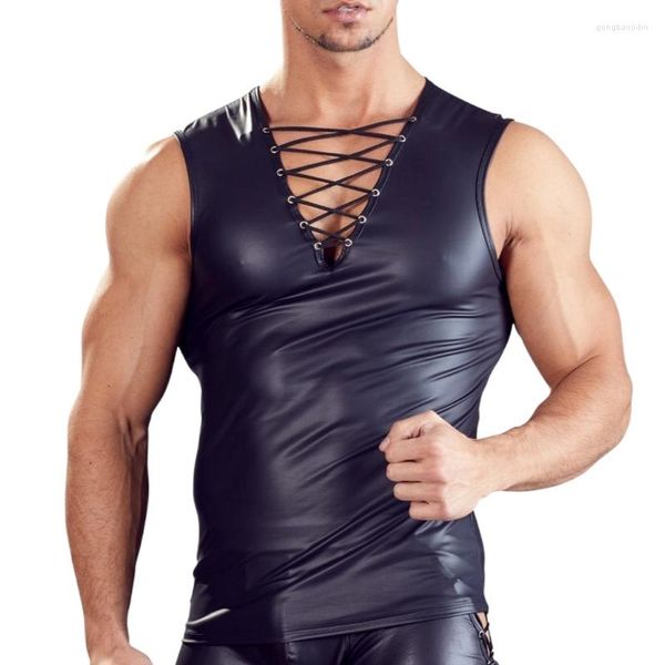 Tanques masculinos tampos cfyh marca sexy bandagem top masculino de couro de couro com mangas de mangas de camiseta para entreca de festa divertida