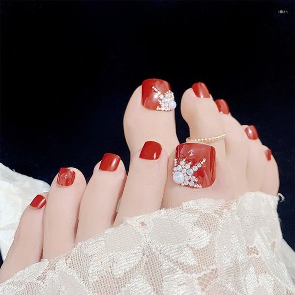 Unghie finte 24 pezzi rosso vino super flash unghie dei piedi con copertura completa stampa su piedi artificiali finti con colla