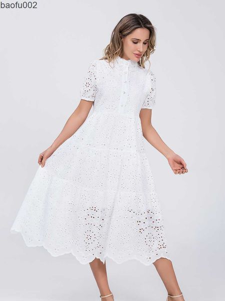 Повседневные платья Marwin Cotton Hollow Out Summer White Dress Женщины праздничные перспективы повседневные с высокой талией.