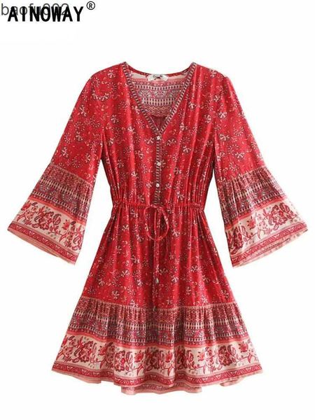 Vestidos casuais vintage chic moda feminina hippie estampa floral decote em v vestidos bohemian mini vestidos de verão flare slave algodão vestido boho w0315