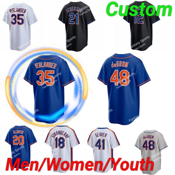 Maglia personalizzata Justin Verlander Francisco Lindor Pete Alonso Strawberry Brandon Nimmo Starling Marte Hernandez Scherzer Piazza Maglie da baseball Uomo Donna Bambino