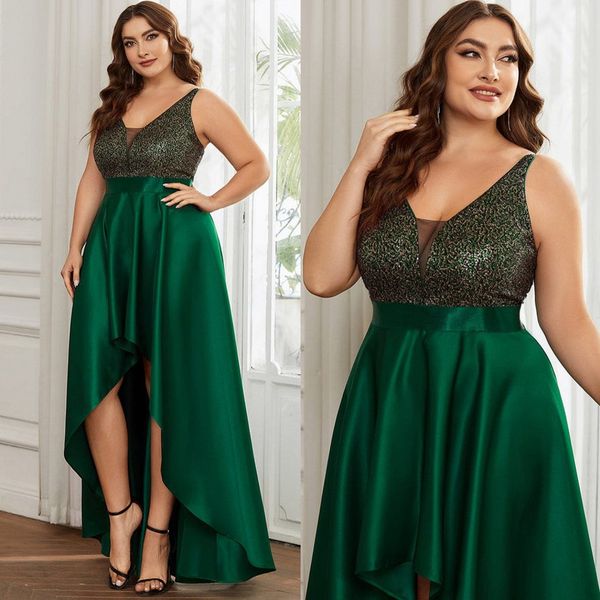 Plus Size Pailletten Mutter der Braut Kleider hohe niedrige Hochzeits -Gastkleid Sheer V Ausschnitt eine Linie Satin Abendkleider 415