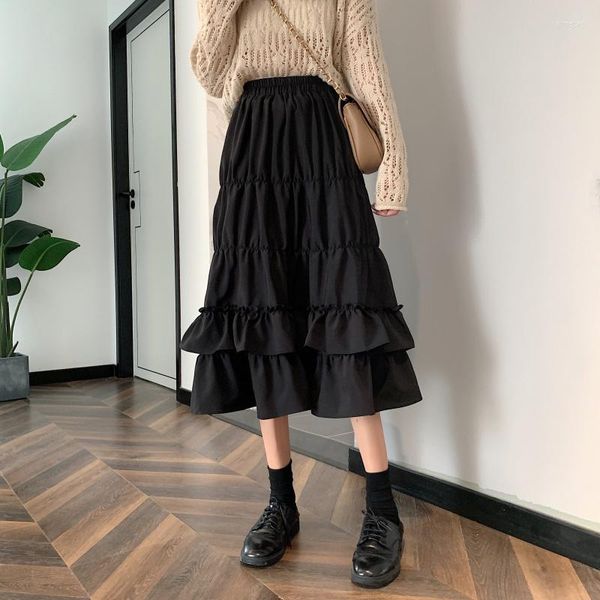 Gonne Vintage Gonna a vita alta Donna 2023 Primavera Autunno Adolescenti Ragazze della scuola Volant Pieghettato Ruffles Patchwork Lungo Midi Nero