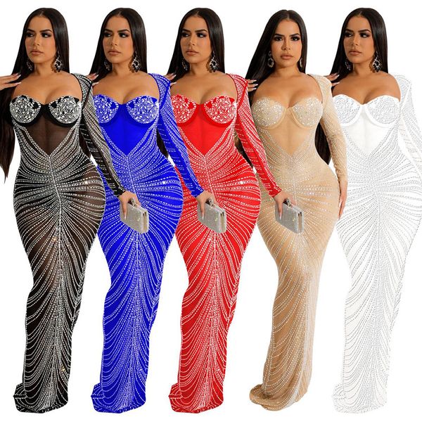 Parti Elbiseleri Seksi Rhinestone Kristal El Eşyası Lüks Maxi Elbise Sparkle Bayan Dimonds Doğum Gece Clubwear 2023 Moda Giyim