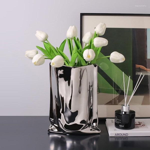 Vasos Morandi Sense Advanced Sense Luxury Decoration Creative Electroplated Silver Ceramic Simulation Flower Flower Atacadal