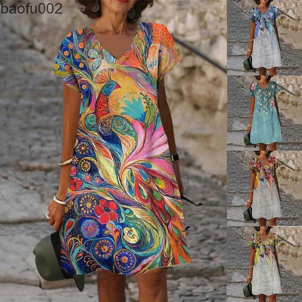 Freizeitkleider Damen Etuikleid Frühling Sommer V-Ausschnitt Mode Lässig Lose Rock 2022 Regenbogendruck Kurzarm Knielanges Kleid W0315