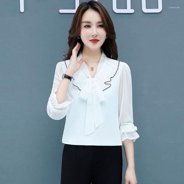 Женские блузки осенние корейские модные шифоновые женские рубашки офисная леди на пуговицам рубашка белые дамы с длинным рукавом Camisas para mujer