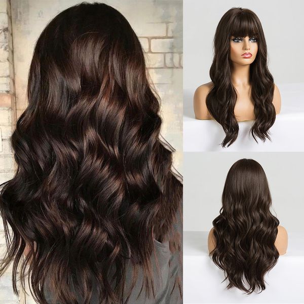 Perucas sintéticas Easihair Longo Brown escuro Mulheres com Bangs Water Wave Resistente para mulheres peruca de cabelo afro -americano 230314