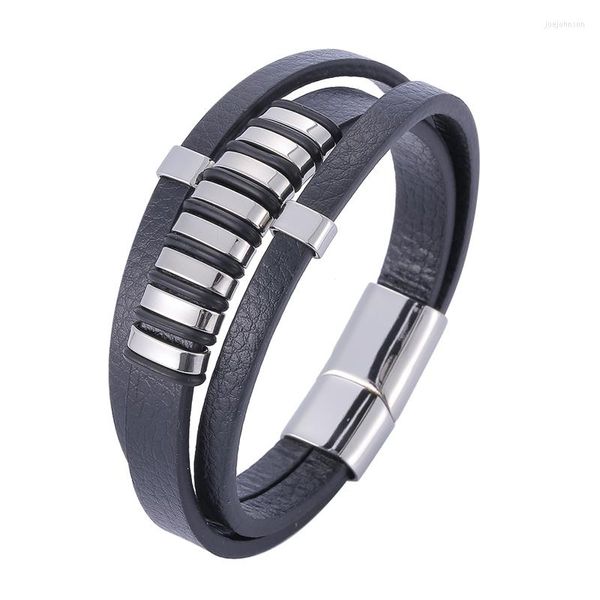 Charme Armbänder Punk Stil Multilayer Geflochtenes Leder Armband Männer Edelstahl Magnet Verschluss Armreif Männlich Armband Schmuck Zubehör