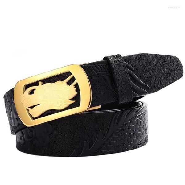 Cinture Uomo Testa d'oro Fibbia automatica Pelle di mucca Cintura intagliata tridimensionale Cintura jeans stile cinese BG002Cinture