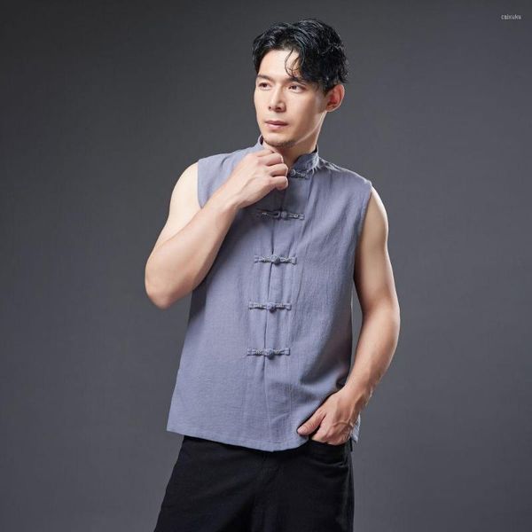 Tanque de tanques masculinos hanfu linho de algodão masculino sem mangas de colete solto cardigan stand colar tang terno masculino estilo chinês top