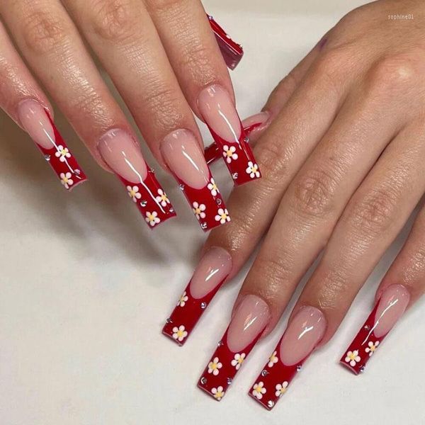 False Nails 24pcs/Set Long French Pretty White Flower Rimovibile Copertura Full Bride Ballerina Nail Decoration Suggerimenti ARTICA FINUZIONE