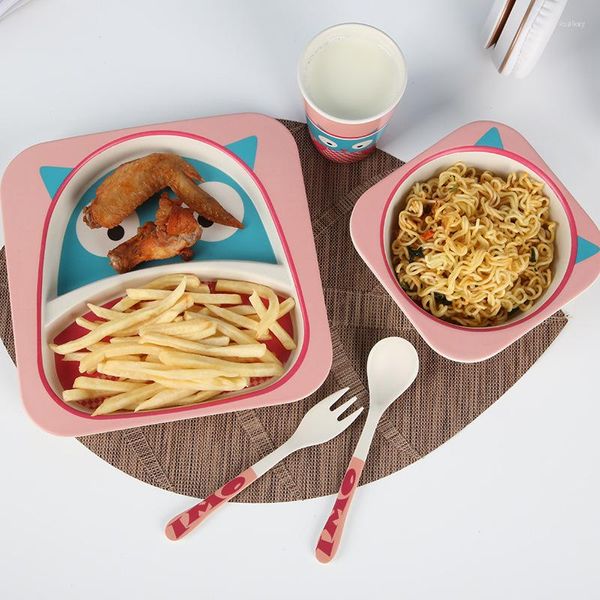 Set di stoviglie 5 pz/set Set di stoviglie per animali del fumetto Creativo ecologico in fibra di bambù Piatto per bambini Ciotola Forchetta Tazza Alimentazione per bambini