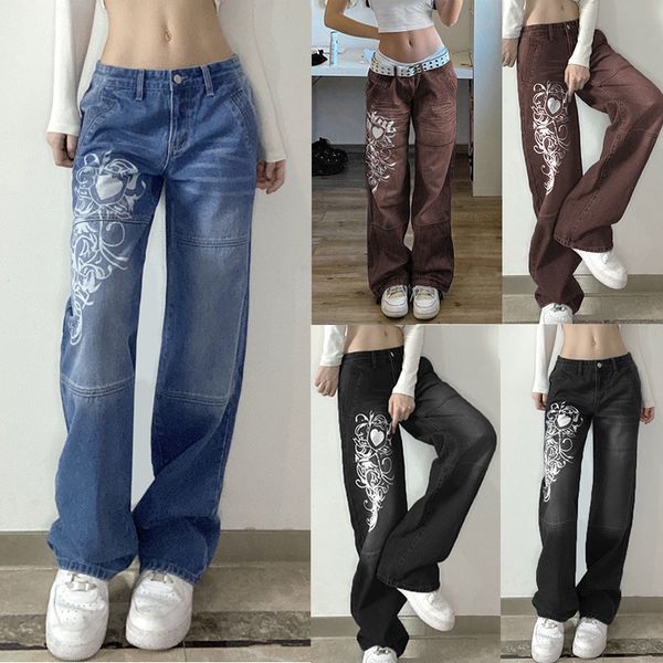 Novas calças de brim femininas impressas calças de brim de carga y2k azul escuro marrom cintura alta streetwear 90s calças femininas em linha reta calças de perna larga