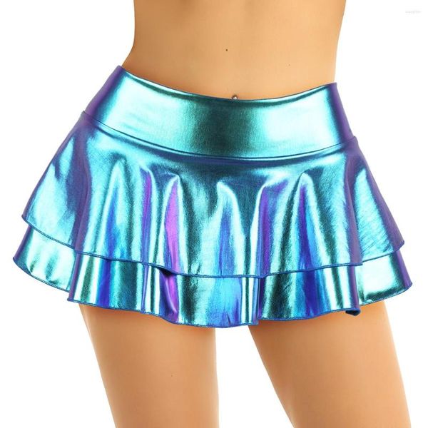 Gonne Donna Minigonna sexy metallizzata lucida Body Discoteca Pole Dance Festival Costume rave Ragazze chic Doppio strato arricciato