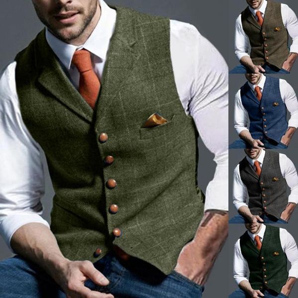 Herren-Jacken, Herren-Anzugweste, ärmellos, All-Match-Revers, Wollmischung, Tweed, schmale Gilet, einreihige Weste, Business-Jacke, formelle Kleidung