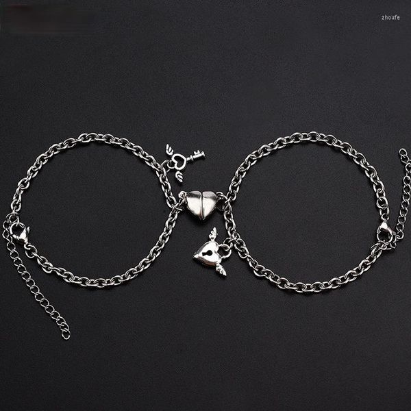 Braccialetti con ciondoli 2023 Bracciale per amanti in acciaio al titanio Semplice magnete a cuore Blocco di fase Chiave Gioielli con ciondolo ala d'angelo per uomo e donna