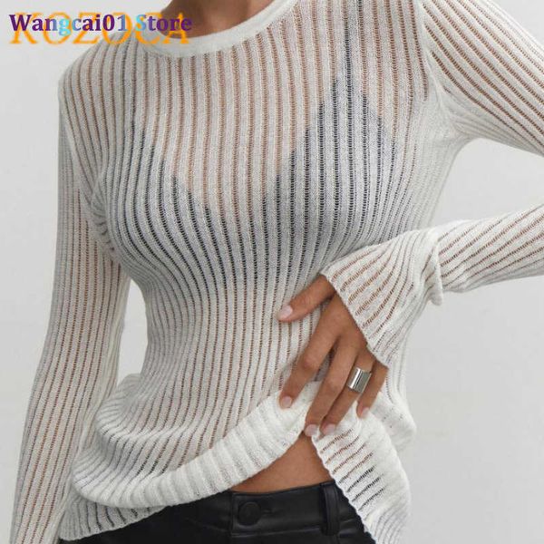 Wangcai01 Camiseta feminina 2023 Moda Branca egant listrado Veja através das mulheres Tops Roupas de longa