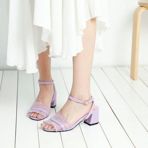 Sandalen Sianie Tianie Open Toe Violet Lila Damen Plus Size 12 44 45 46 Chunky High Heels Damenschuhe mit Rüschen