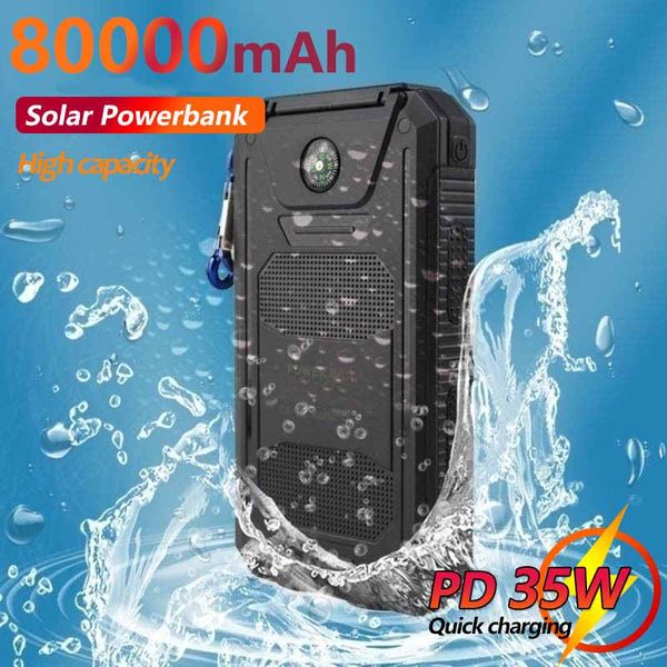 80000mAh Solar Power Bank portátil Bateria externa à prova d'água com SOS LED Light Travel Powerbank para Xiaomi iPhone Samsung